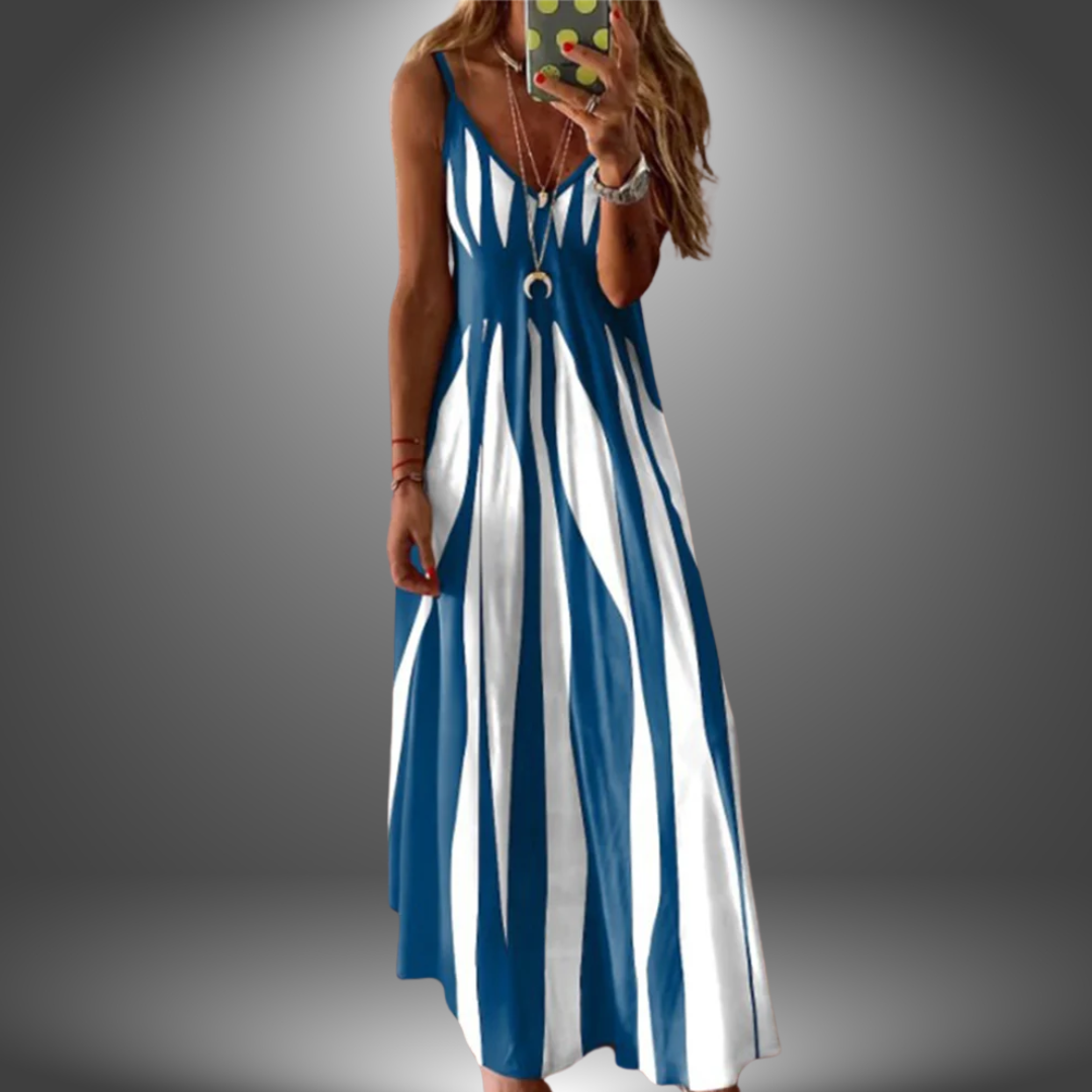 Angela™ handmade long dress, sleeveless V-neck, blue and white vertical stripe pattern