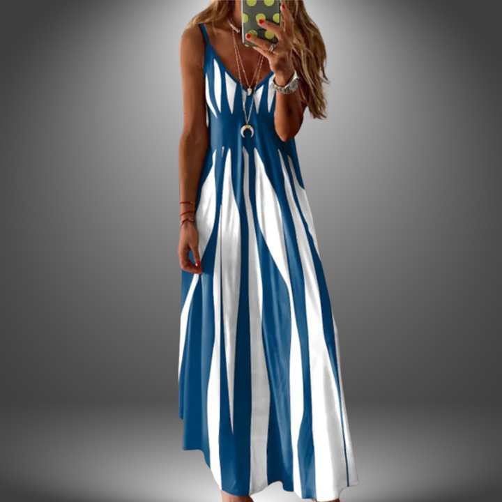 Angela™ handmade long dress, sleeveless V-neck, blue and white vertical stripe pattern