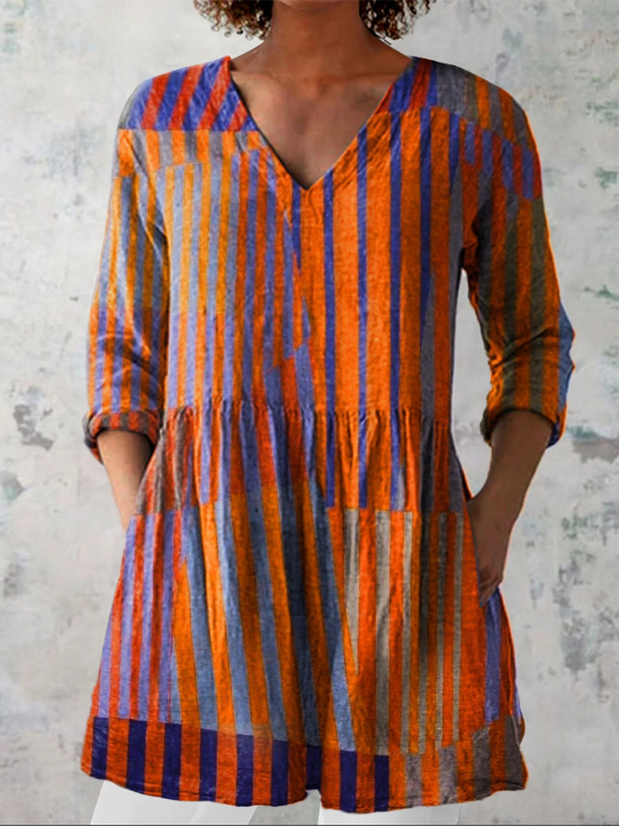 Orange and blue striped long blouse with V-neck, three-quarter sleeves
