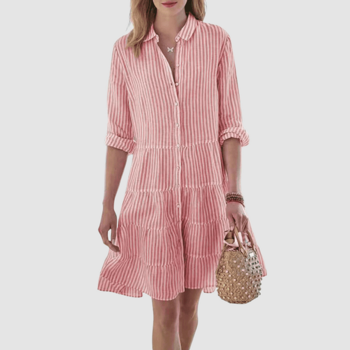 Light pink striped tiered shirt dress with button-up placket and short ruffle sleeves