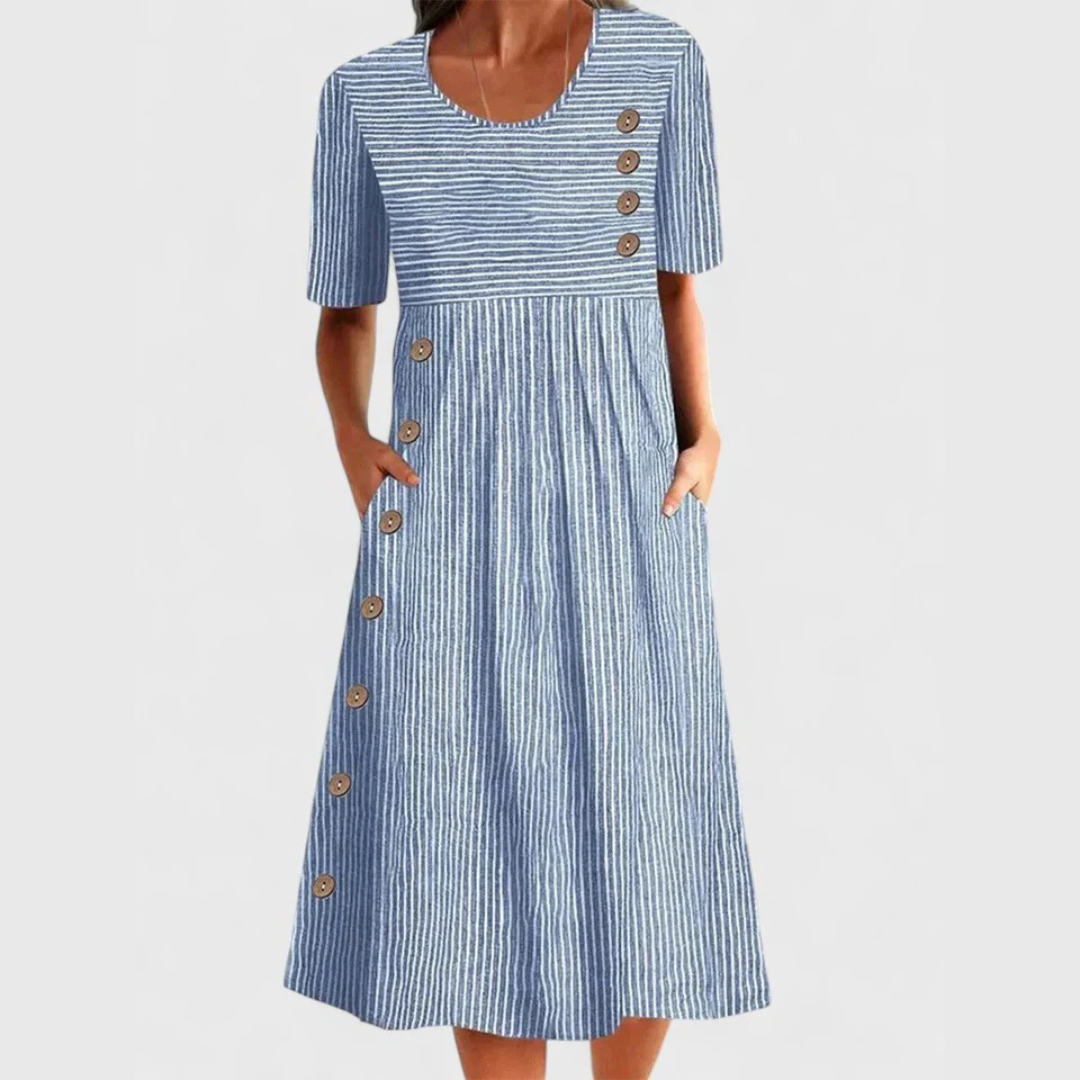 Gray striped dress, round neck, short sleeves, button-front midi flare skirt