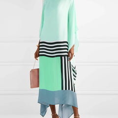 Regan mint blue kaftan with black-and-white striped border and draped handkerchief hem