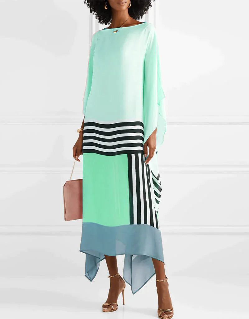 Light teal geometric kaftan with black-and-white striped band and multicolor side panel