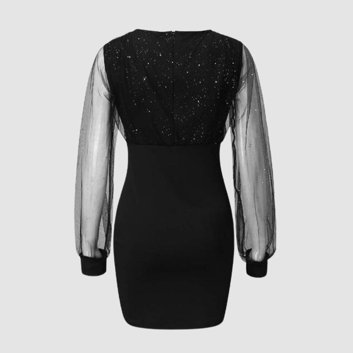 Black fitted dress with V-neck and sheer puff sleeves; back view shows glitter overlay