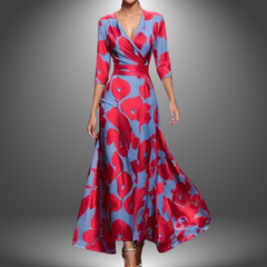 Red and blue patterned long dress with V-neck wrap, 3/4 sleeves, flared skirt