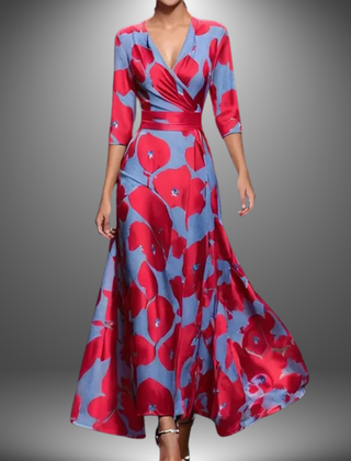 Red and blue patterned long dress with V-neck wrap, 3/4 sleeves, flared skirt
