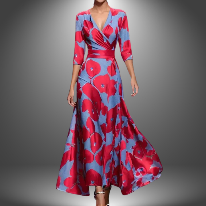 Red and blue patterned long dress with V-neck wrap, 3/4 sleeves, flared skirt