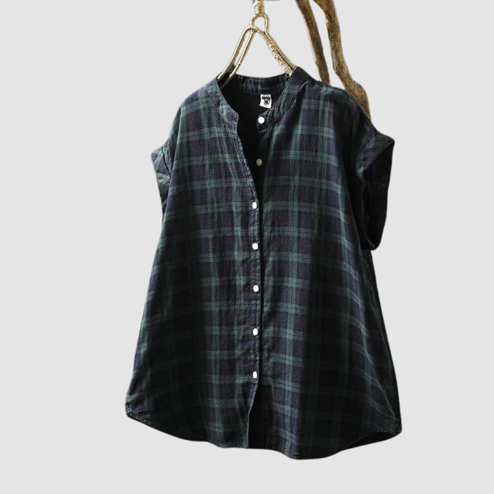 Vintage plaid shirt in dark green and black, button front, short sleeves
