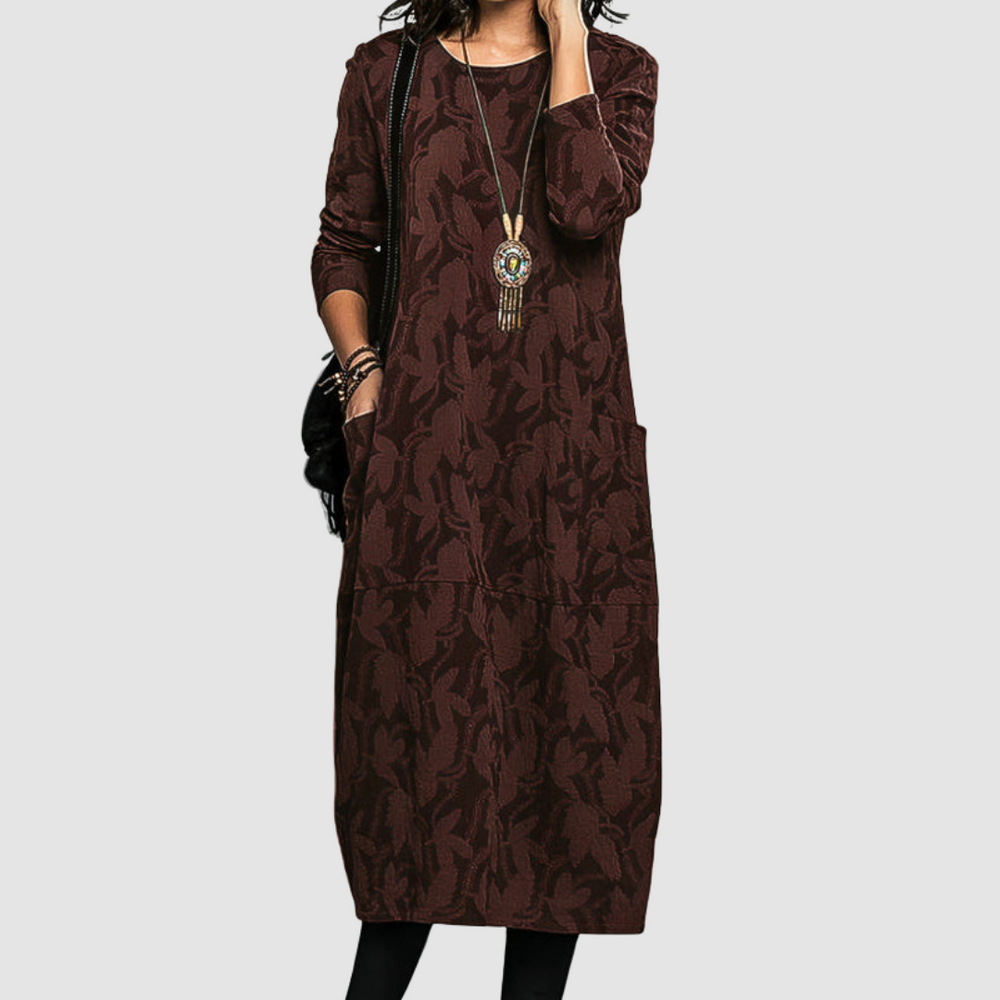 Bethanie™ elegant soft dress, burgundy leaf-print tiered midi with long sleeves