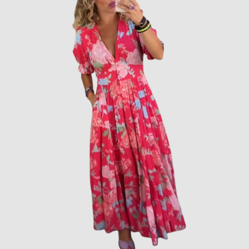 Red floral maxi dress with V-neck, puff sleeves, gathered tiered hem