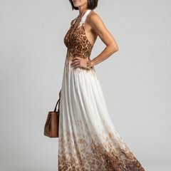 Pleated halter midi dress, white with brown leopard-print ombre skirt