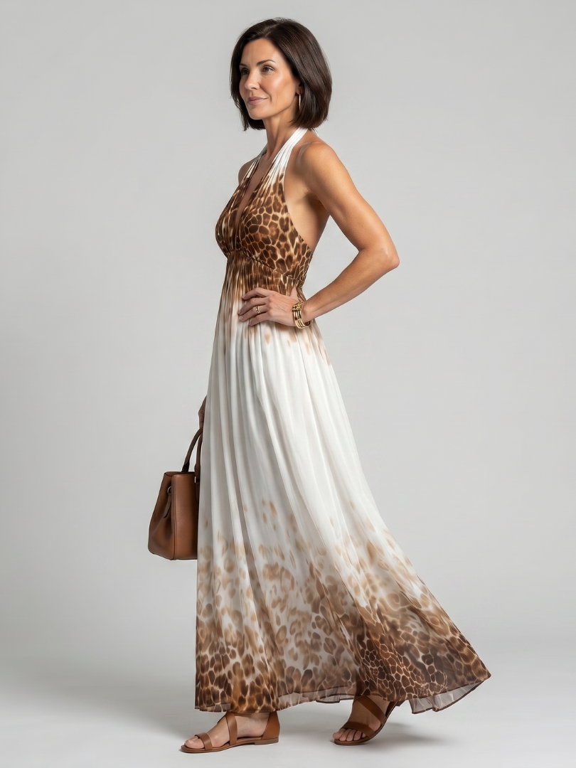 Pleated halter midi dress, white with brown leopard-print ombre skirt