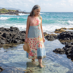 Kira floral midi dress, sleeveless scoop neck, multicolor dot-and-flower print