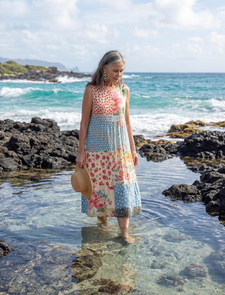 Kira floral midi dress, sleeveless scoop neck, multicolor dot-and-flower print