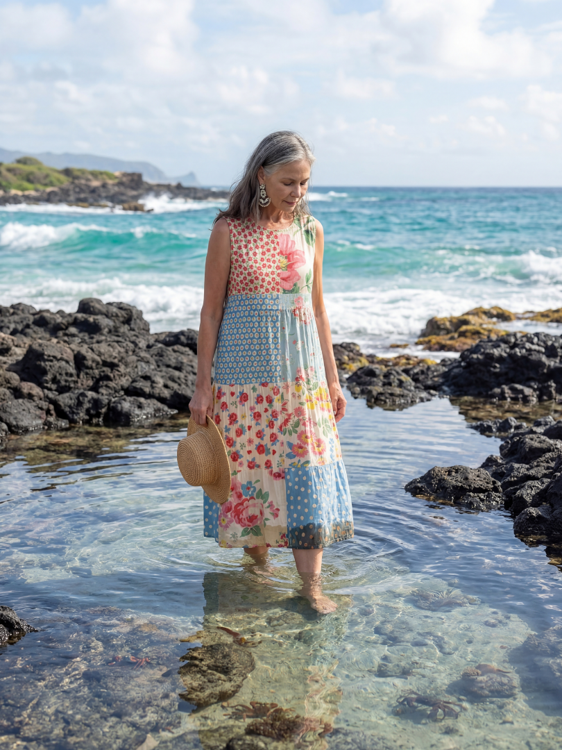 Kira floral midi dress, sleeveless scoop neck, multicolor dot-and-flower print