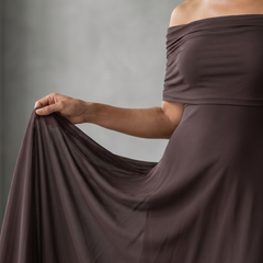 Off-shoulder draped midi dress in brown, ruched neckline detail and draped sleeve