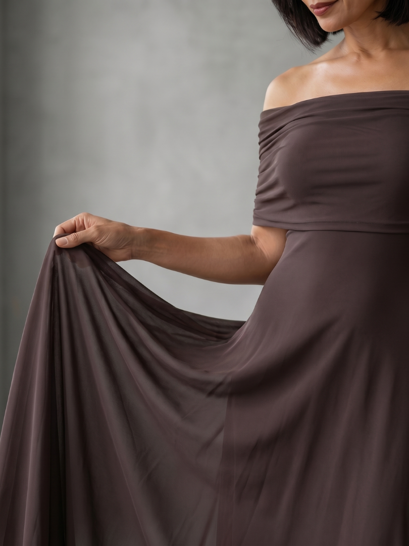 Off-shoulder draped midi dress in brown, ruched neckline detail and draped sleeve