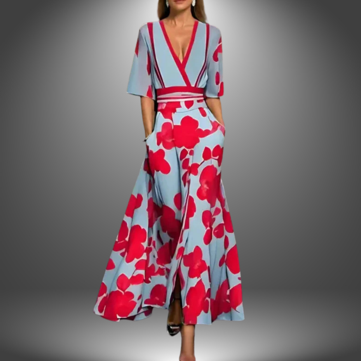 Lovisia™ precious elegant dress, red/blue floral print, V-neck, short sleeves