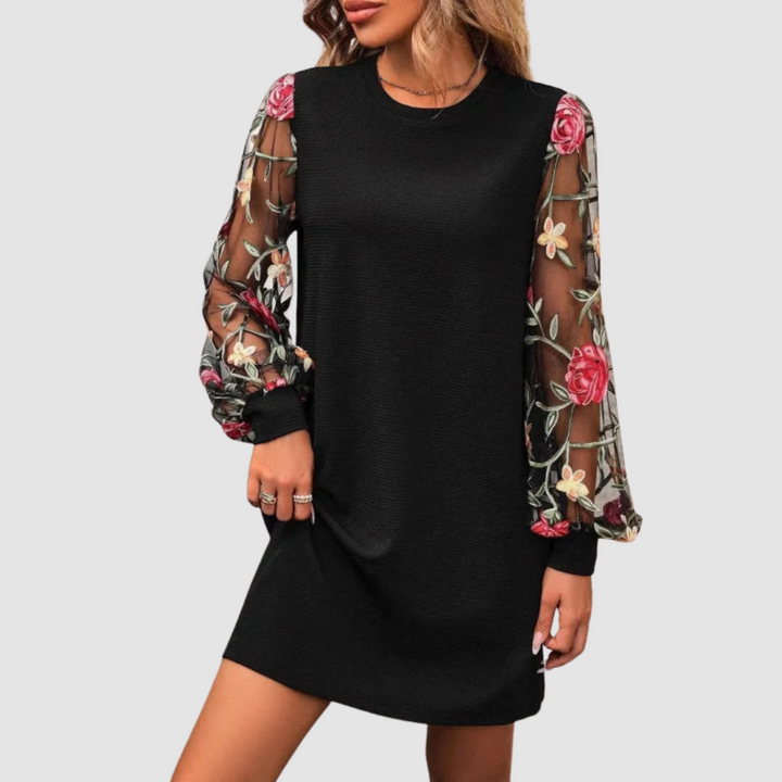 Black lace long-sleeve shift dress with floral rose mesh sleeves