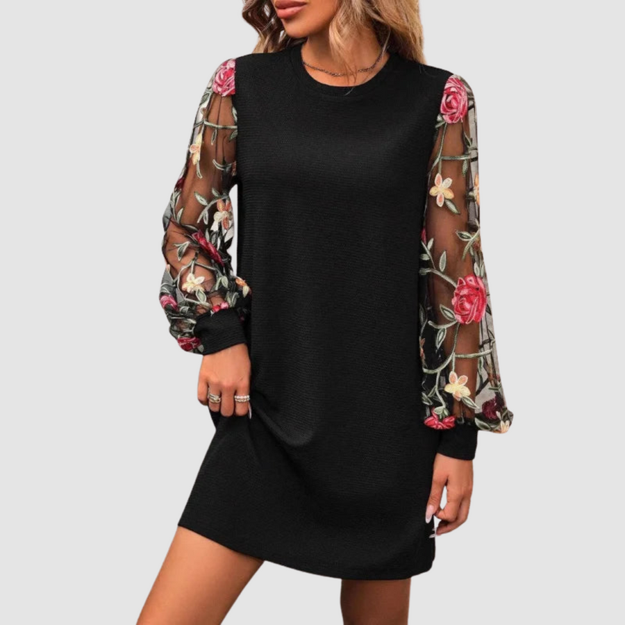 Black lace long-sleeve shift dress with floral rose mesh sleeves