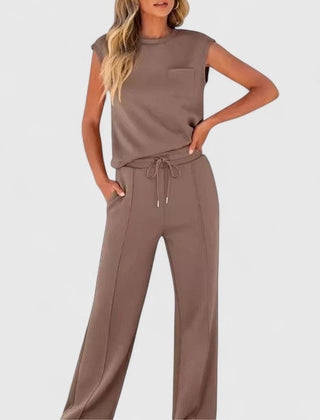 Taupe sleeveless top and drawstring wide-leg pants set