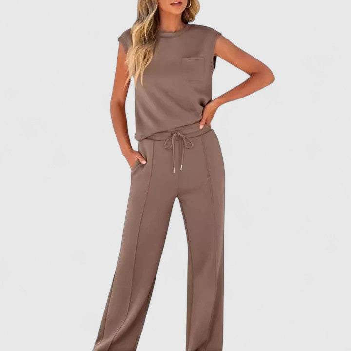 Taupe sleeveless top and drawstring wide-leg pants set