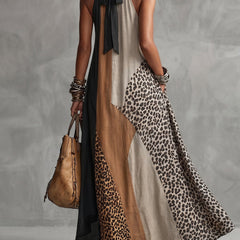 Back view halter maxi dress with leopard skirt and dark front panels