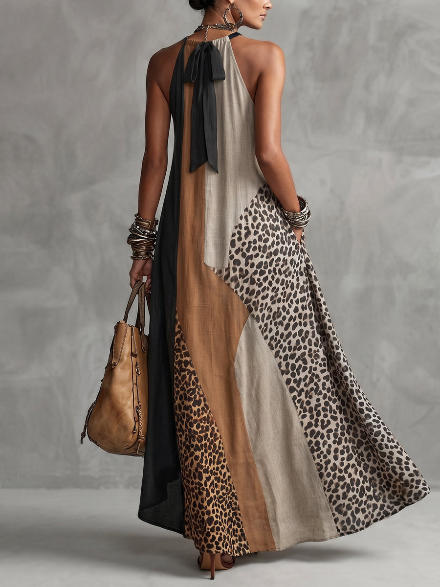 Back view halter maxi dress with leopard skirt and dark front panels