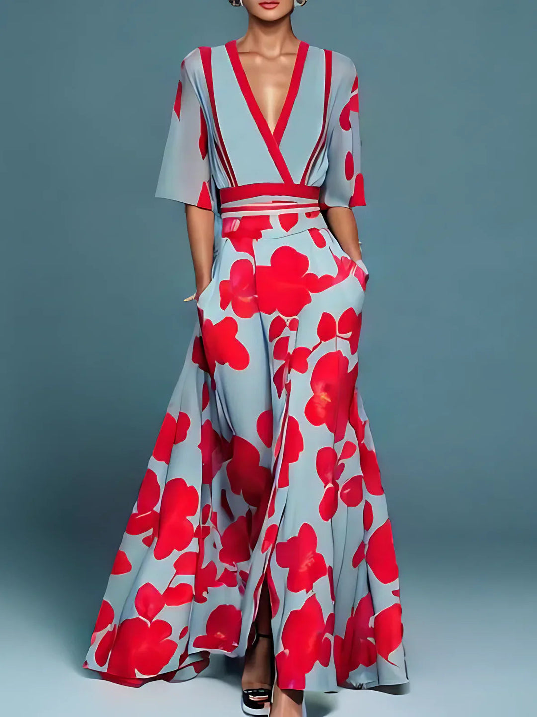 Floral midi dress with V-neck, short sleeves, red belt, light blue and red flower print
