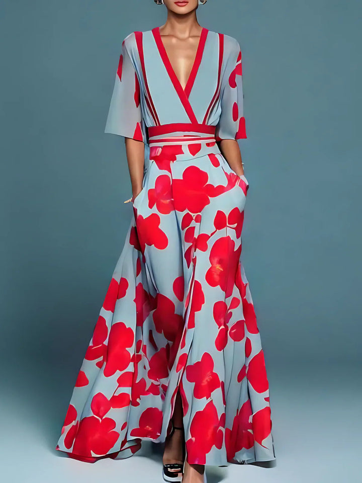 Floral midi dress with V-neck, short sleeves, red belt, light blue and red flower print