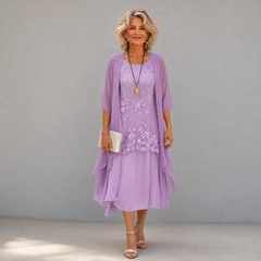 Lilac chiffon two-piece dress with lace overlay and layered chiffon skirt, midi length