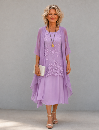 Lilac chiffon two-piece dress with lace overlay and layered chiffon skirt, midi length