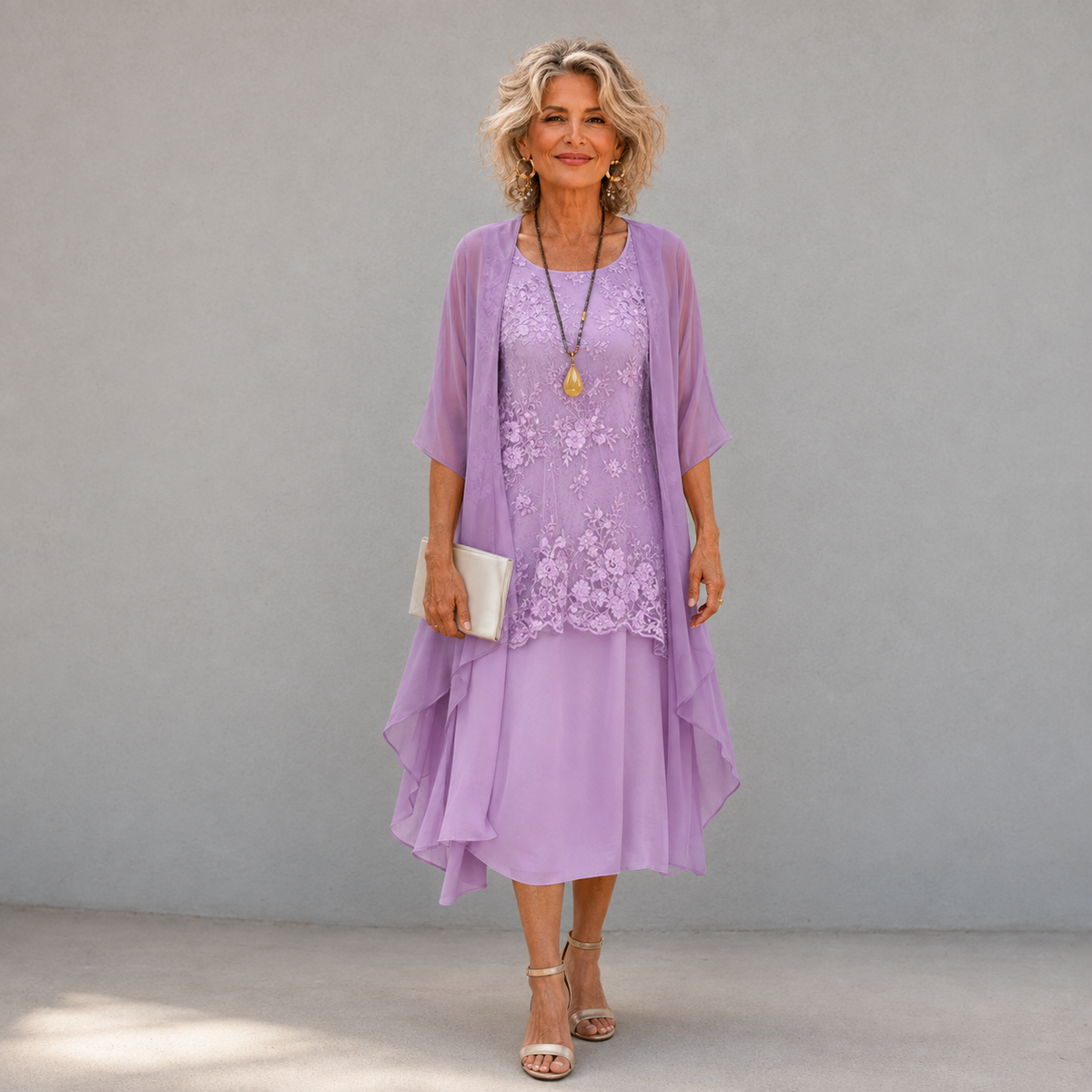 Lilac chiffon two-piece dress with lace overlay and layered chiffon skirt, midi length