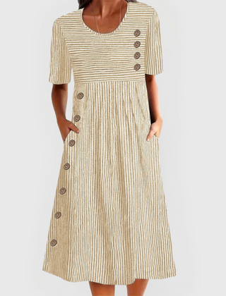 Beige striped dress, round neck, short sleeves, button-front midi flare skirt
