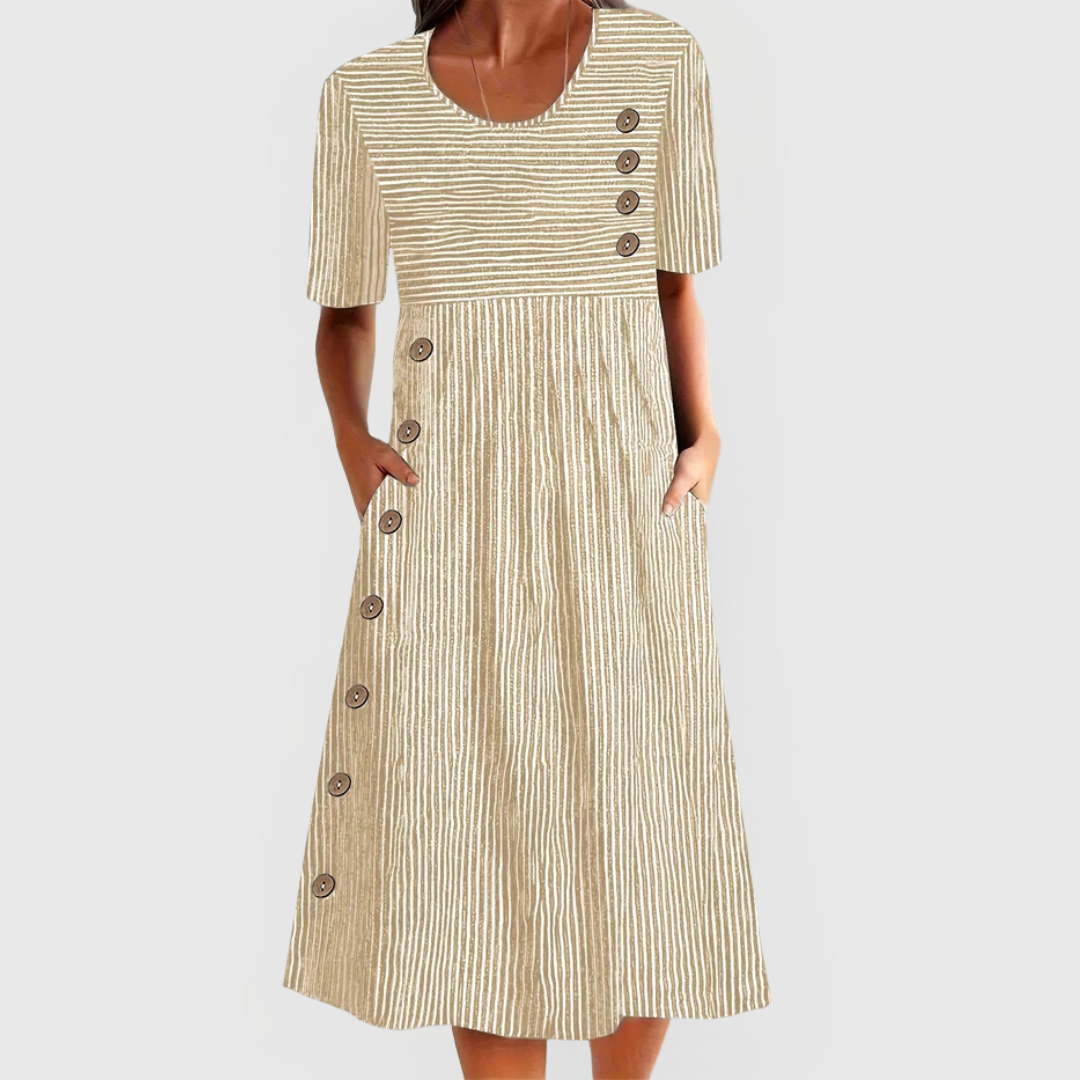 Beige striped dress, round neck, short sleeves, button-front midi flare skirt