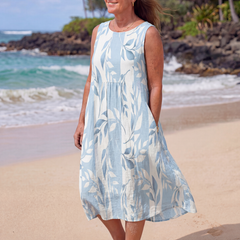 Sky blue leaf print midi dress, sleeveless with flowing skirt and gathered waist seam