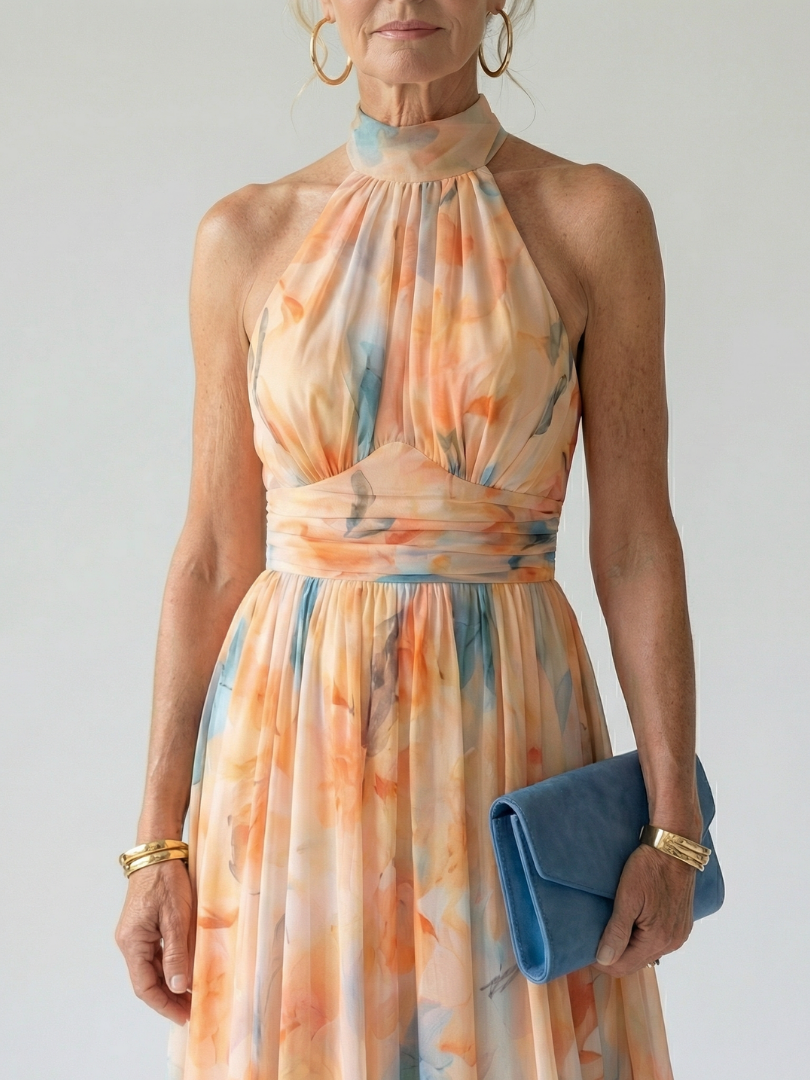 Halter midi dress, pastel orange-blue abstract print and ruched neckline