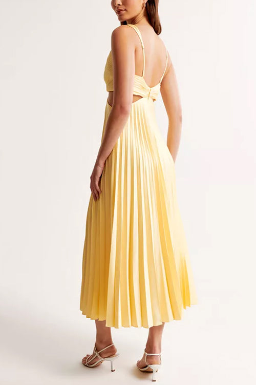 Yellow sleeveless pleated maxi dress with V-neck and cut-out waist detail