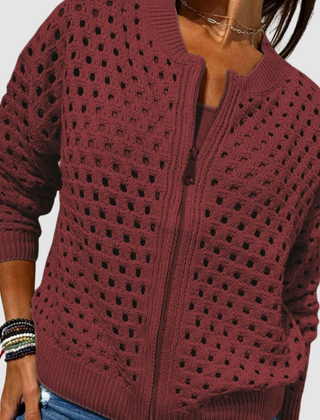 Burgundy knitted cardigan with full-zip front, perforated dot pattern, ribbed hem and cuffs