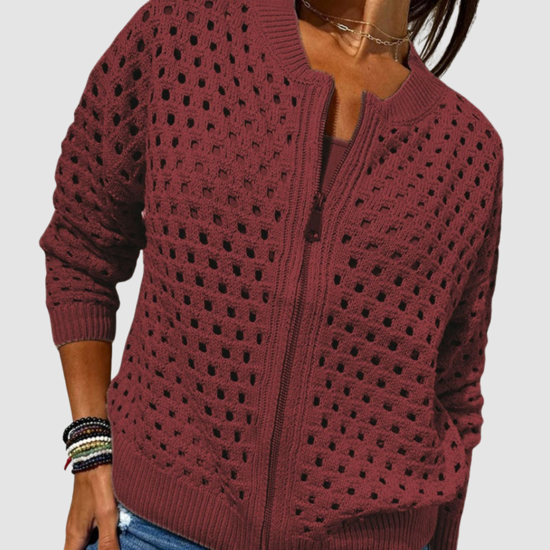 Burgundy knitted cardigan with full-zip front, perforated dot pattern, ribbed hem and cuffs