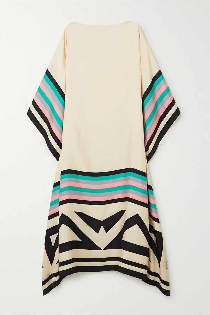 Beige geometric kaftan, back view, with multicolor striped yoke and black hem design