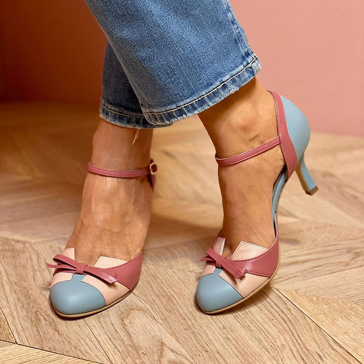 Pink-and-blue Mary Jane orthopedic heels with ankle strap and block heel