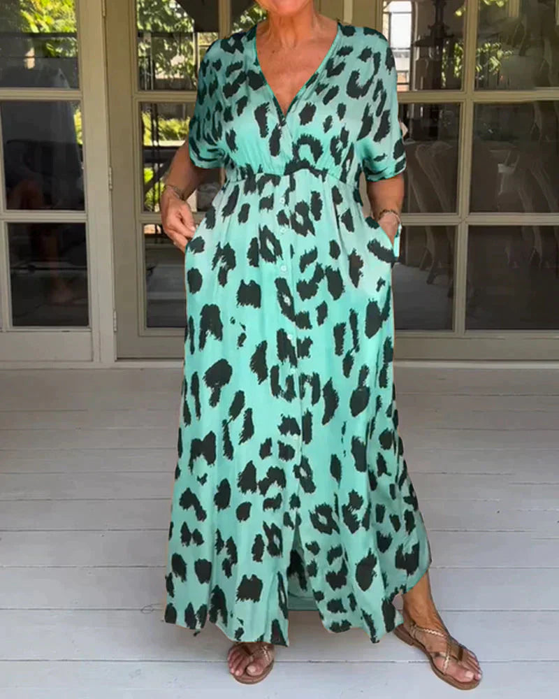 Leopard print maxi dress with V-neck and short sleeves, teal/black spots