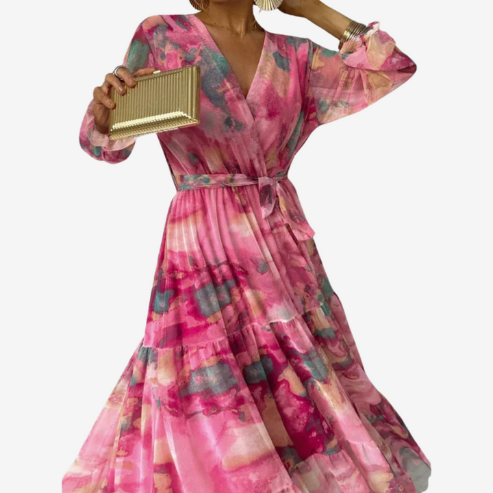 Pink floral V-neck dress with gathered tiered hem, belted waist, sheer bell sleeves