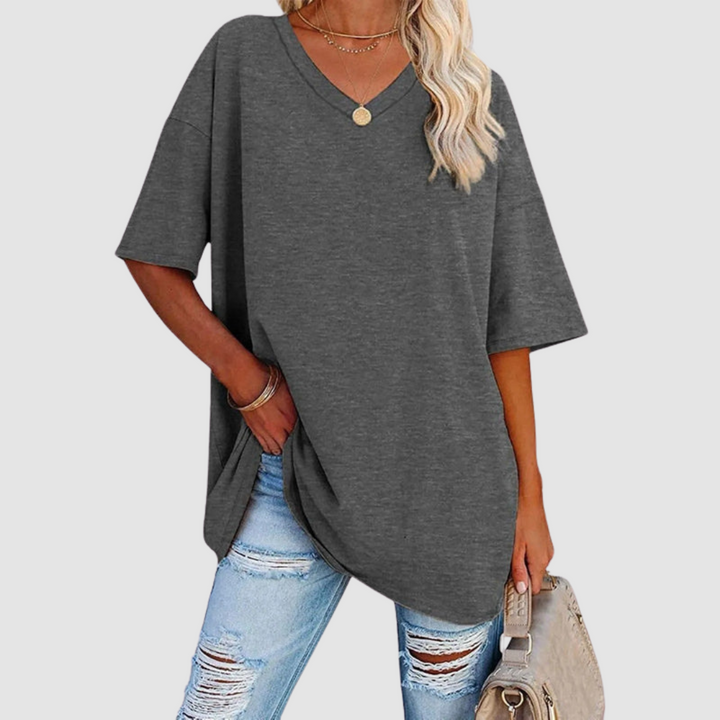 Charcoal gray V-neck short-sleeve T-shirt with draped front knot