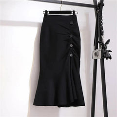 Classic black asymmetric mermaid skirt with front button detail and side slit