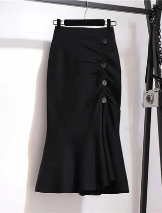 Classic black asymmetric mermaid skirt with front button detail and side slit