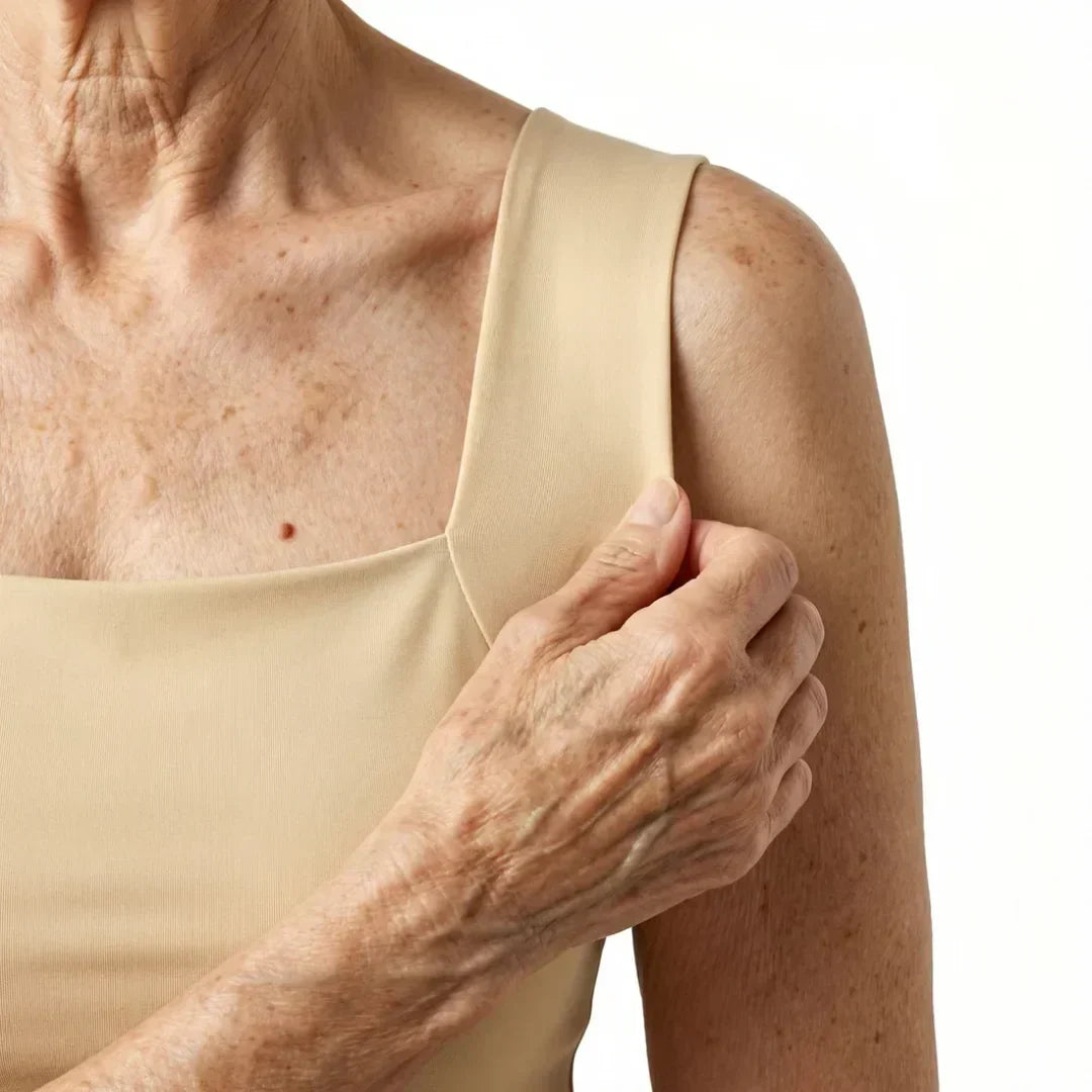 Nude built-in comfort bra tank top close-up of strap and neckline seam