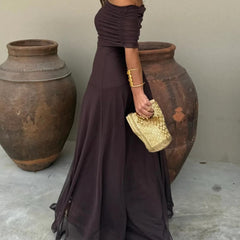 Dark plum off-shoulder ruched maxi dress with draped bodice and tiered skirt