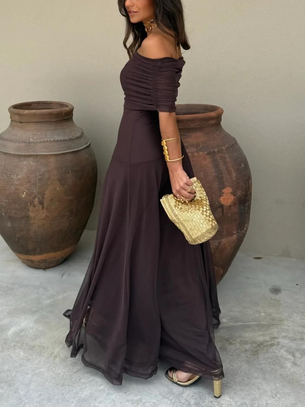 Dark plum off-shoulder ruched maxi dress with draped bodice and tiered skirt